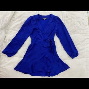 Lulus Lilya Cobalt Blue Long Sleeve Satin Wrap Dress
